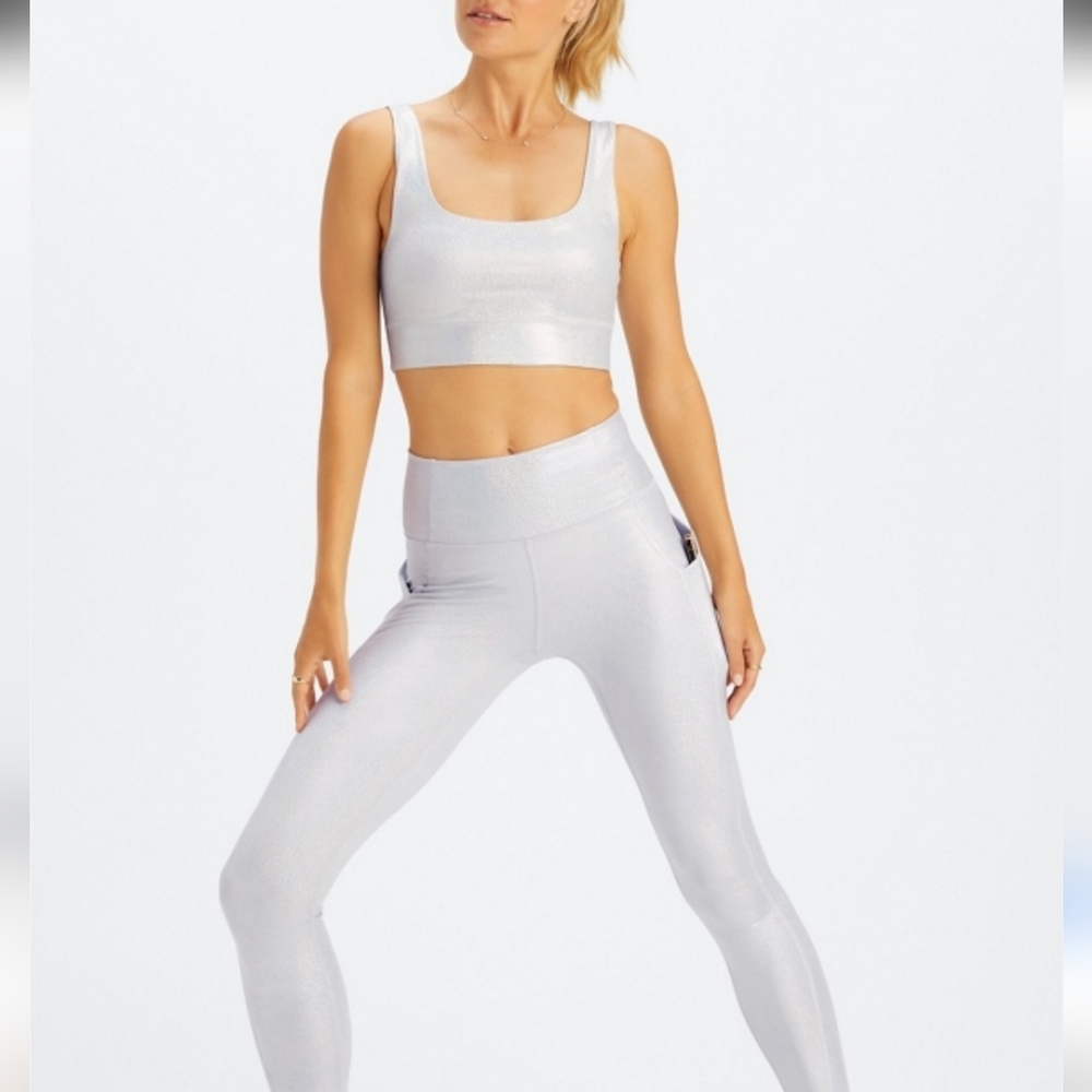 Fabletics Harlyn Medium Impact Sports Bra + Leggings Metallic Iridescent Silver